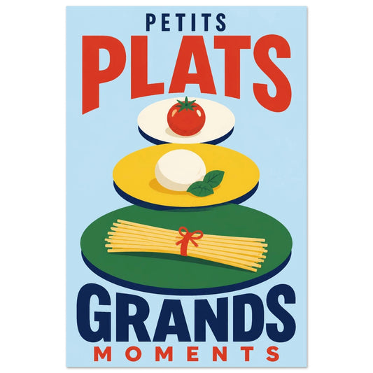 Affiche Petits Plats – Grands Moments, sérigraphie illustrée verticale, format 30 × 45 cm
