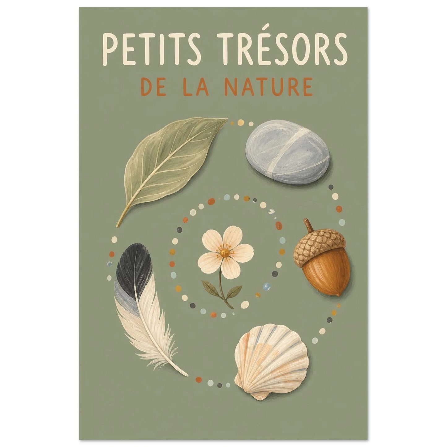 Affiche Petits Trésors – De la Nature, gouache contemporaine verticale, format 30 × 45 cm