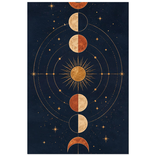 Suite verticale de lunes et soleil central, affiche 30 × 45 cm