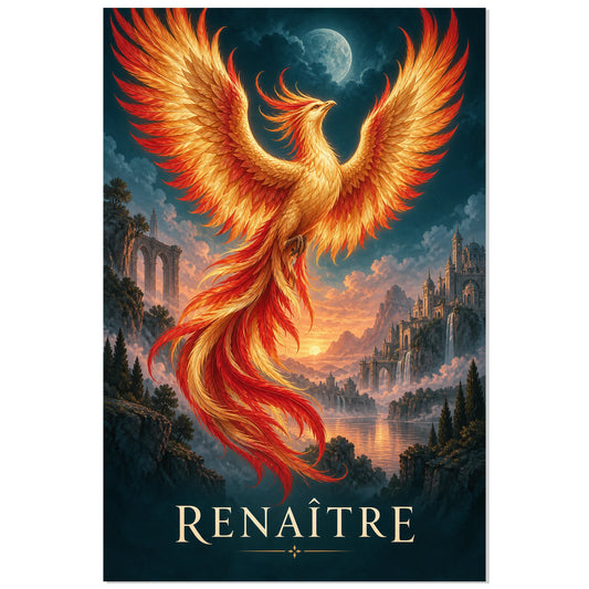 Phénix rouge et or et mot RENAÎTRE, affiche 30 × 45 cm