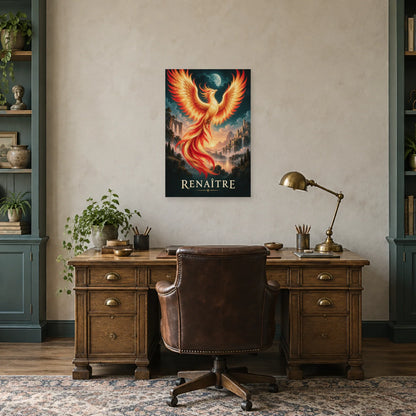 Affiche phénix à l’envol flamboyant dans un bureau - Art Virtuoso