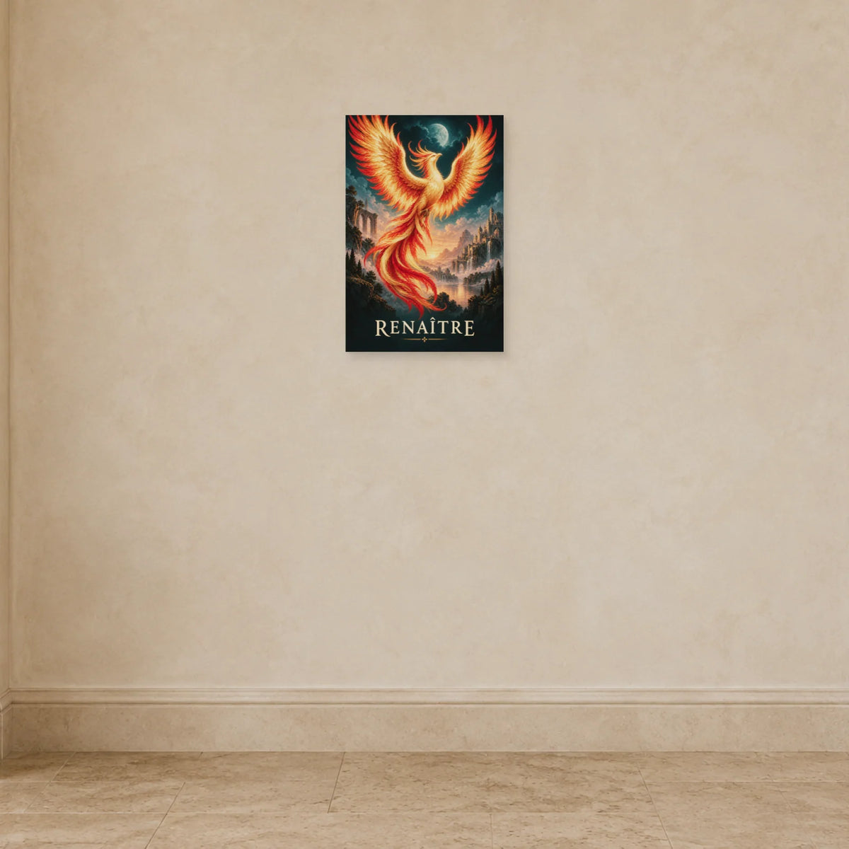Affiche phénix à l’envol flamboyant dans une entrée ou un couloir - Art Virtuoso