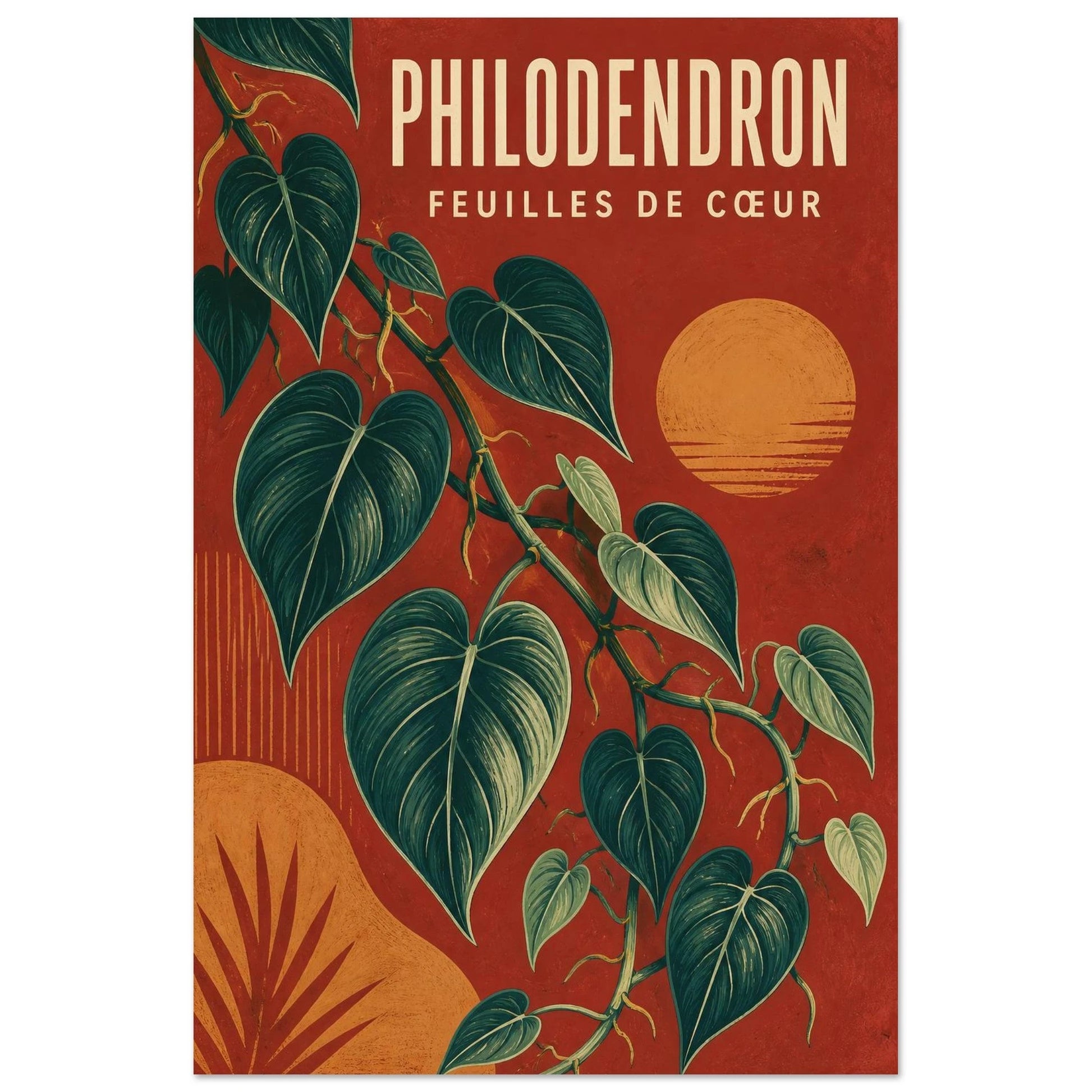 Affiche Philodendron – Feuilles de Cœur, linogravure illustrée verticale, format 30 × 45 cm
