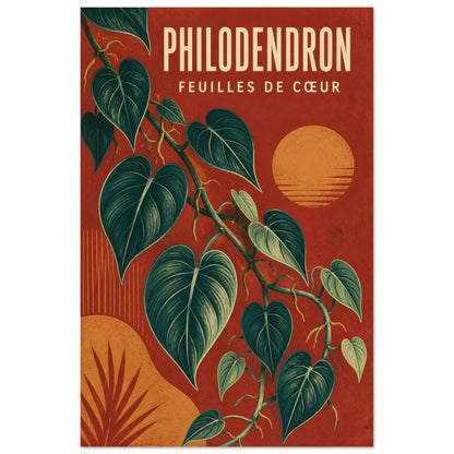 Affiche Philodendron – Feuilles de Cœur, linogravure illustrée verticale, format 60 × 90 cm