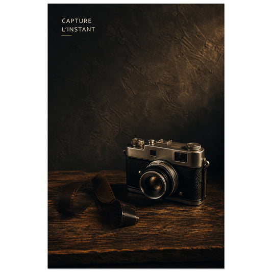 Affiche photo Appareil photo vintage - Capture l’instant, photographie de nature morte rétro en clair-obscur verticale, format 30 × 45 cm