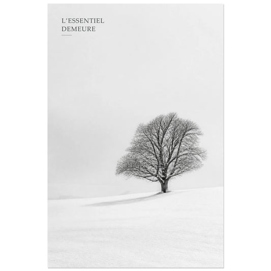 Affiche photo L’arbre essentiel - L’essentiel demeure, photographie hivernale minimaliste en noir et blanc verticale, format 30 × 45 cm