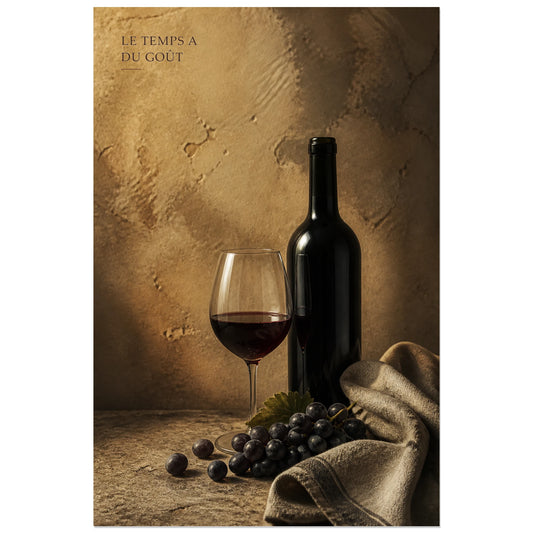 Affiche photo Le temps du vin - Le temps a du goût, photographie de nature morte gastronomique en clair-obscur chaud verticale, format 30 × 45 cm