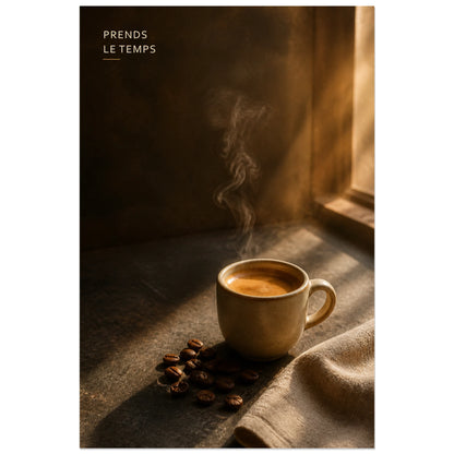Affiche photo Café du matin - Prends le temps, photographie de nature morte chaleureuse en lumière naturelle verticale, format 30 × 45 cm