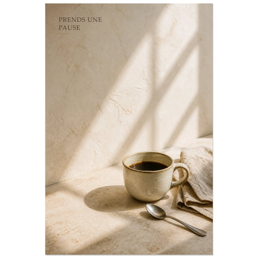 Affiche photo Café du matin - Prends une pause, photographie de nature morte matinale, tactile et minimaliste verticale, format 30 × 45 cm