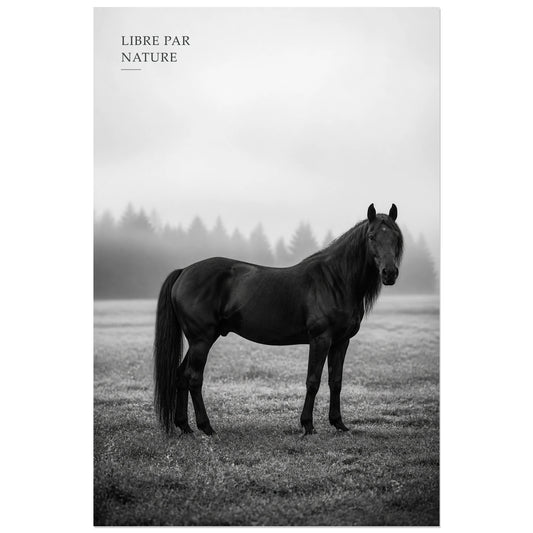Affiche photo Cheval libre en noir et blanc - Libre par nature, portrait animalier photographique minimaliste en noir et blanc verticale, format 30 × 45 cm