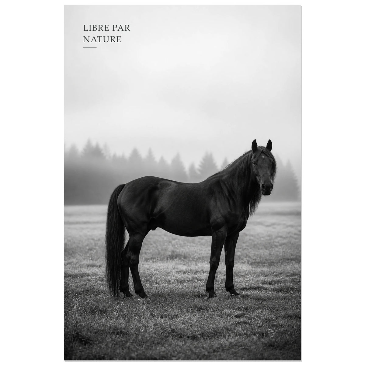 Affiche photo Cheval libre en noir et blanc - Libre par nature, portrait animalier photographique minimaliste en noir et blanc verticale, format 40 × 60 cm