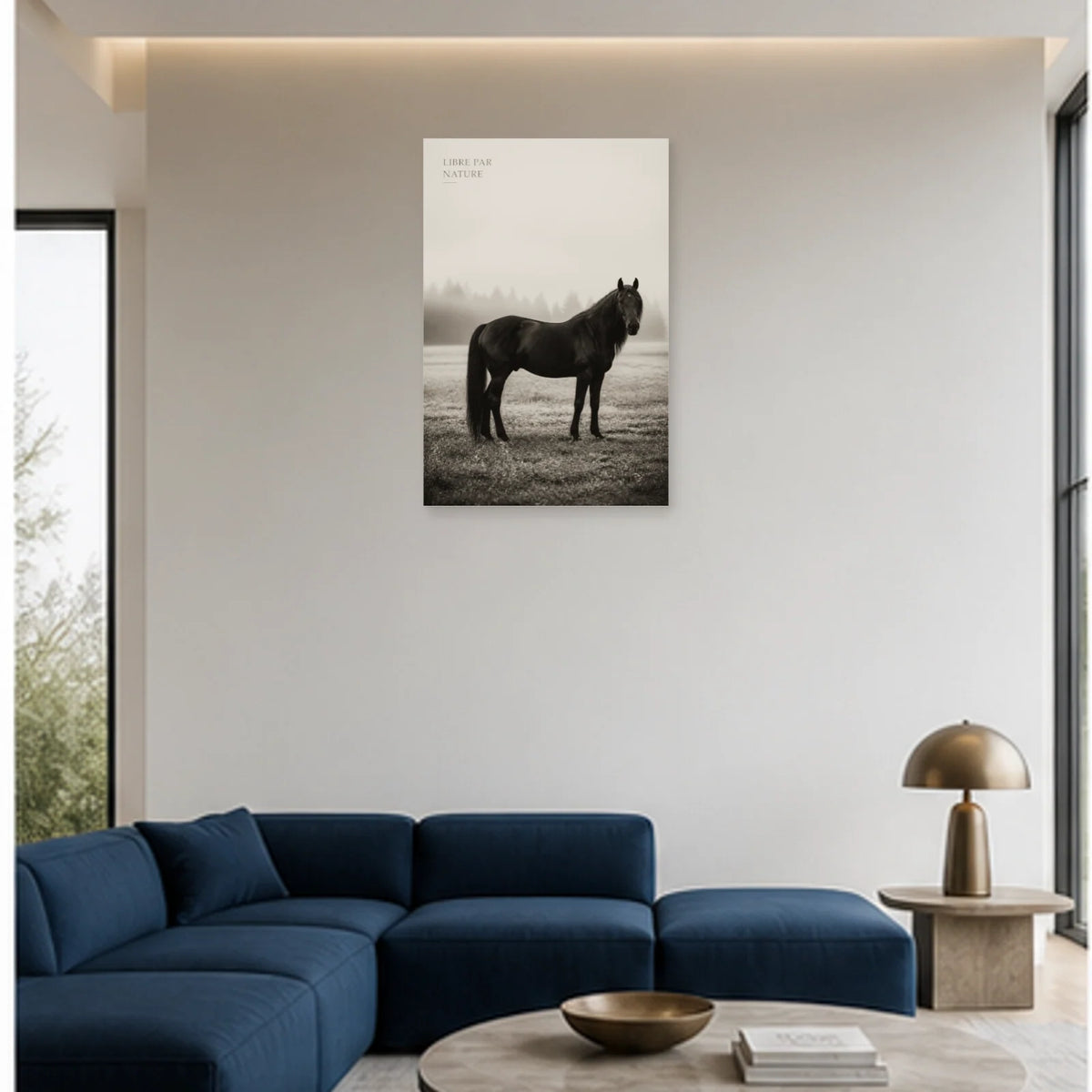 Affiche photo Cheval libre en noir et blanc - Libre par nature dans un salon - Art Virtuoso