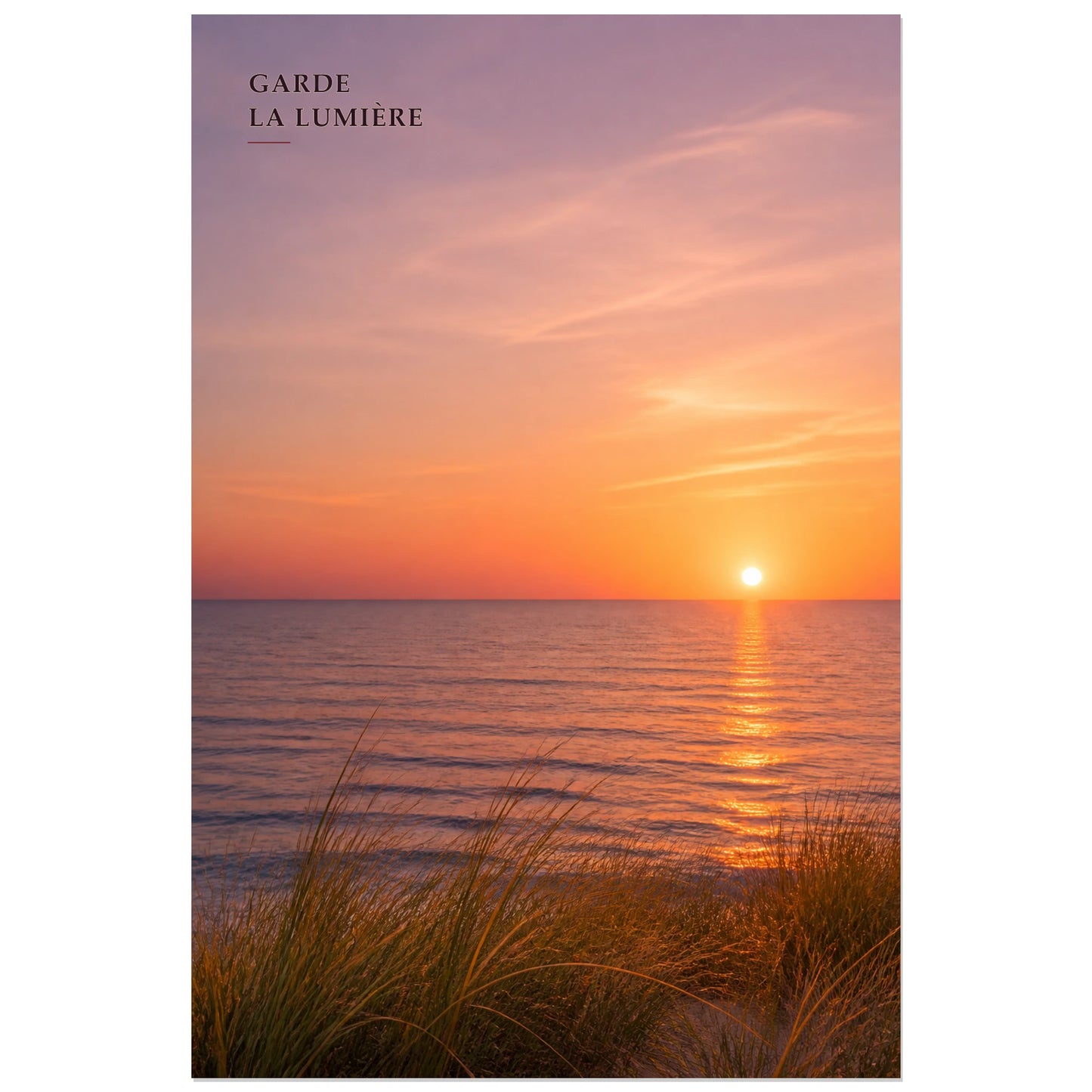 Affiche photo Coucher de soleil sur l’océan - Garde la lumière, photographie de paysage marin aux couleurs chaudes et apaisantes verticale, format 30 × 45 cm