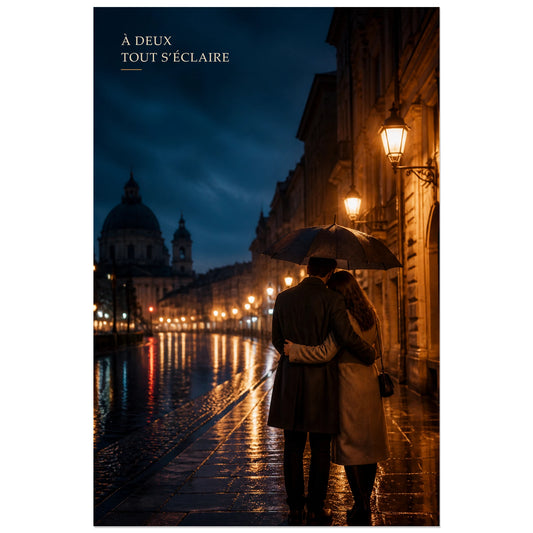 Affiche photo Couple amoureux sous la pluie - À deux tout s’éclaire, photographie romantique cinématographique sous la pluie verticale, format 30 × 45 cm