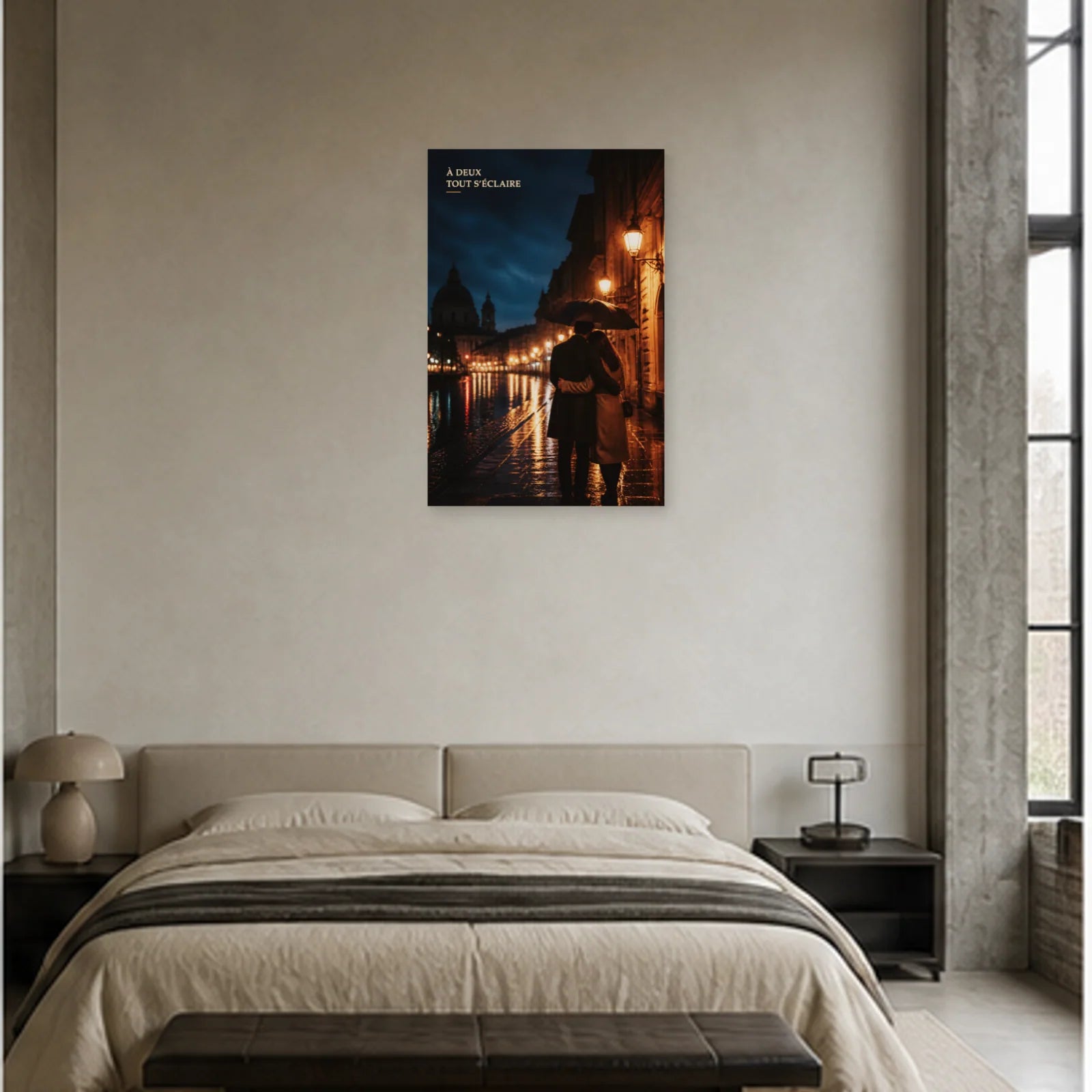 Affiche photo Couple amoureux sous la pluie - À deux tout s’éclaire dans une chambre - Art Virtuoso
