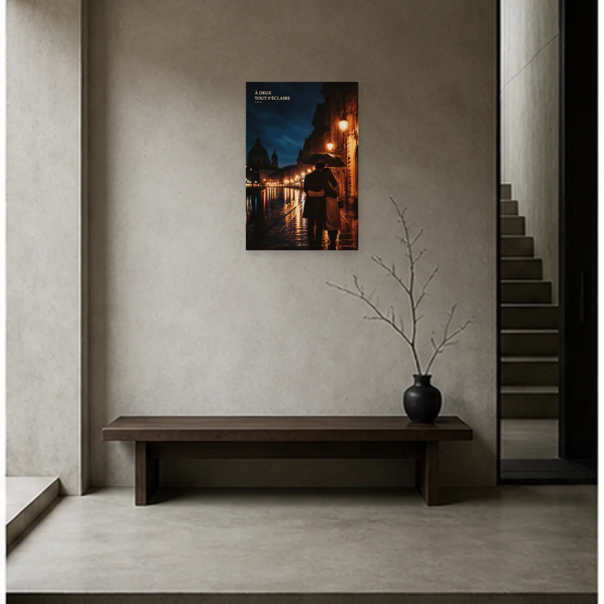 Affiche photo Couple amoureux sous la pluie - À deux tout s’éclaire dans une entrée ou un couloir - Art Virtuoso