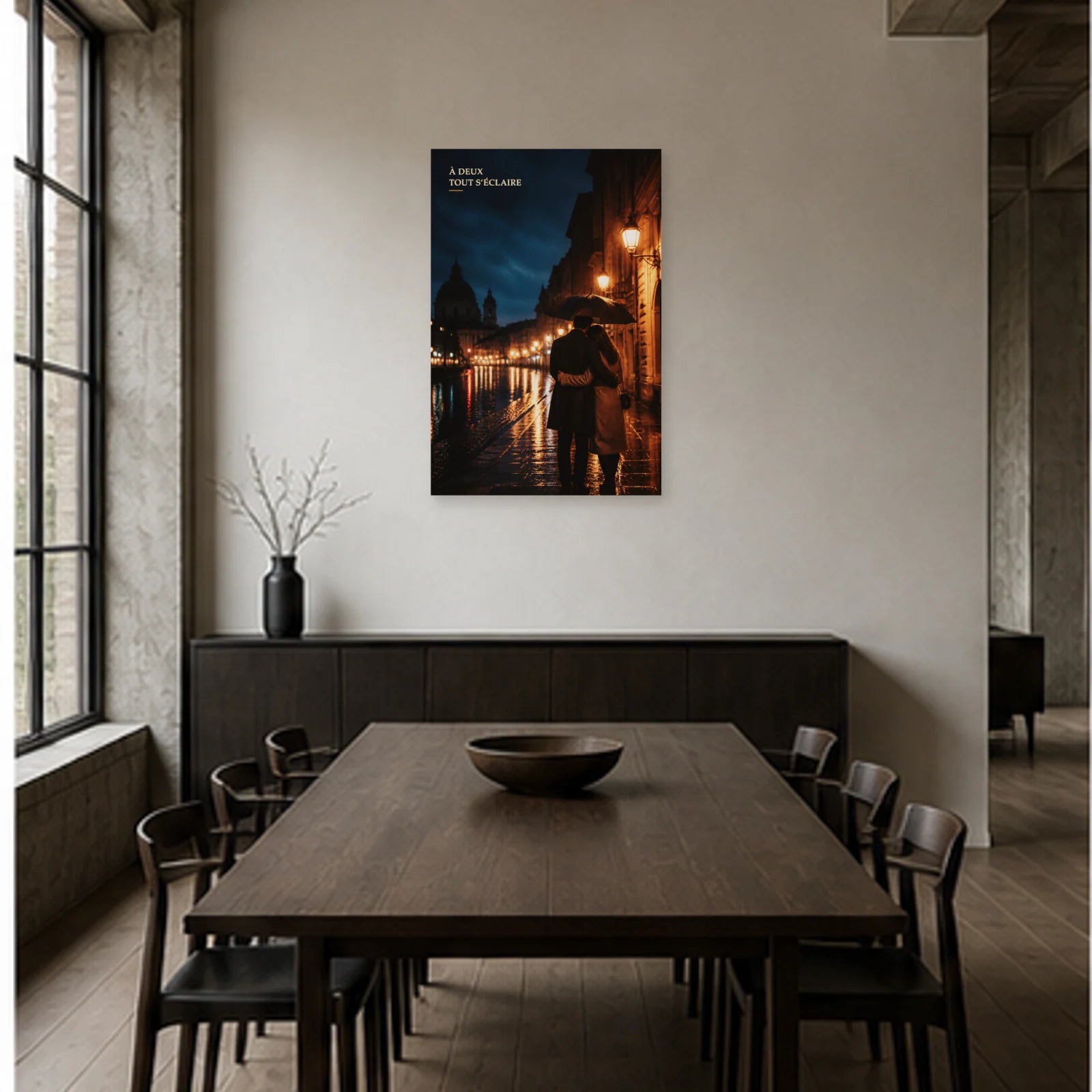 Affiche photo Couple amoureux sous la pluie - À deux tout s’éclaire dans une salle à manger - Art Virtuoso