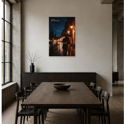Affiche photo Couple amoureux sous la pluie - À deux tout s’éclaire dans une salle à manger - Art Virtuoso