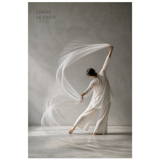Affiche photo Danseuse au voile blanc - Libère le geste, photographie de danse éditoriale, aérienne et minimaliste verticale, format 30 × 45 cm
