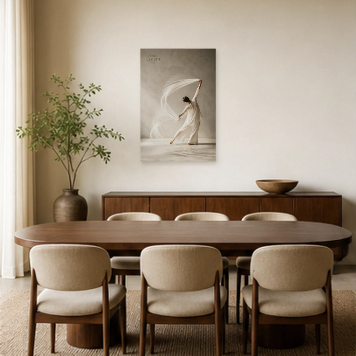 Affiche photo Danseuse au voile blanc - Libère le geste dans une salle à manger - Art Virtuoso