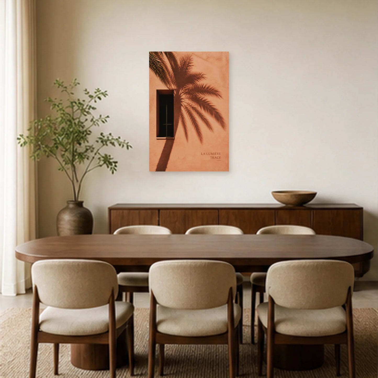 Affiche photo Ombre de palmier - La lumière trace dans une salle à manger - Art Virtuoso