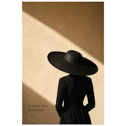 Affiche photo Femme au grand chapeau - Garde ton mystère, portrait photographique de mode minimaliste et sculptural verticale, format 60 × 90 cm