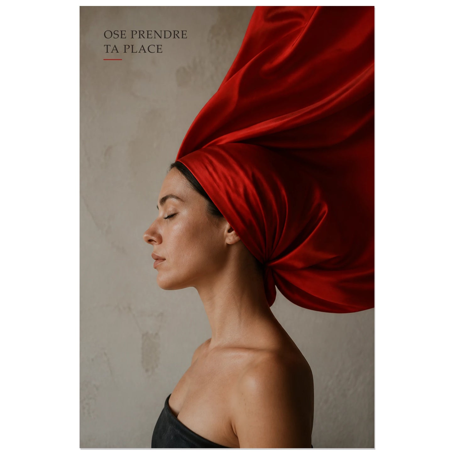 Affiche photo Femme au foulard rouge - Ose prendre ta place, portrait photographique de mode sculptural et éditorial verticale, format 30 × 45 cm