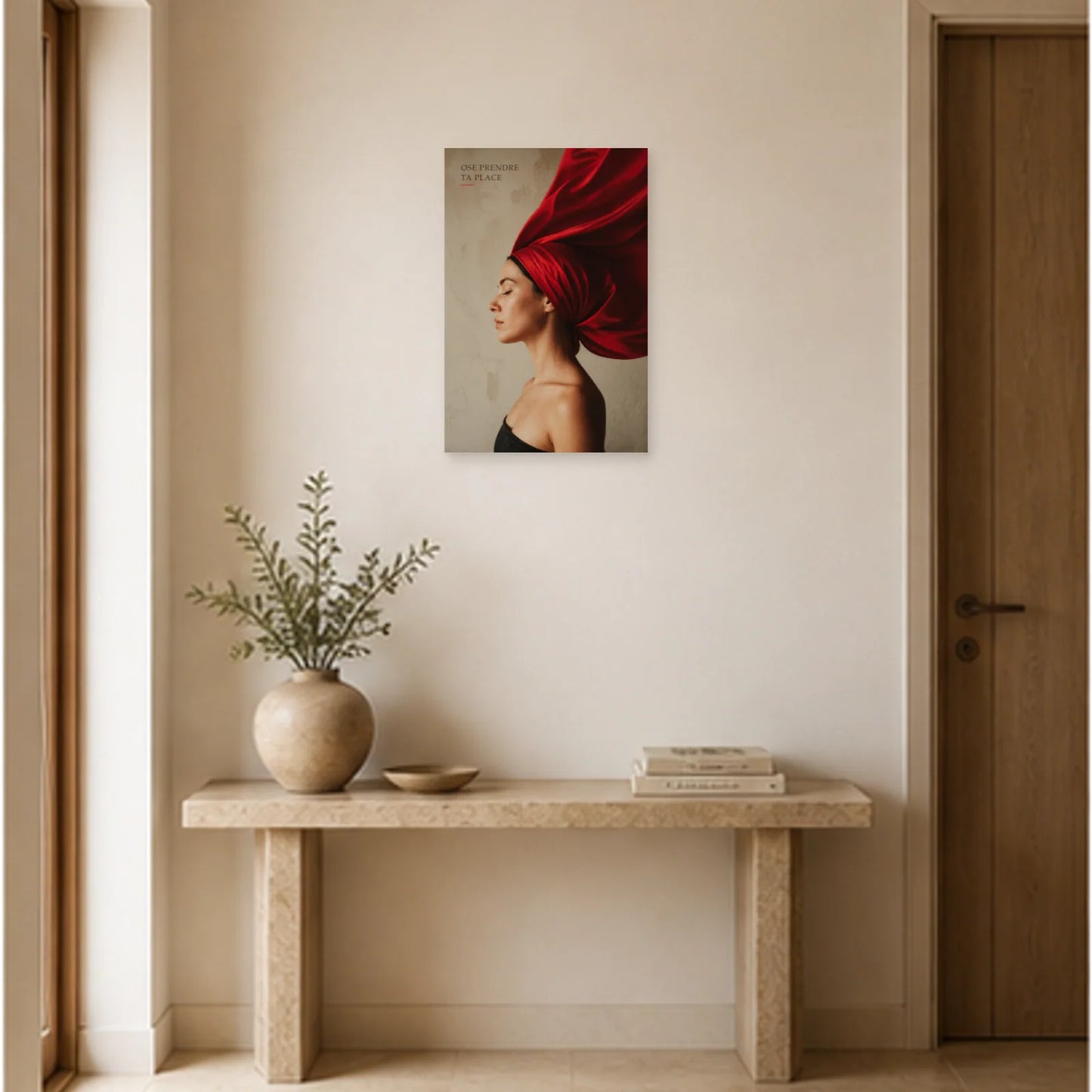 Affiche photo Femme au foulard rouge - Ose prendre ta place dans une entrée ou un couloir - Art Virtuoso