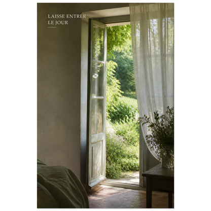 Affiche photo Fenêtre ouverte sur le jardin - Laisse entrer le jour, photographie intérieure poétique en lumière naturelle verticale, format 30 × 45 cm
