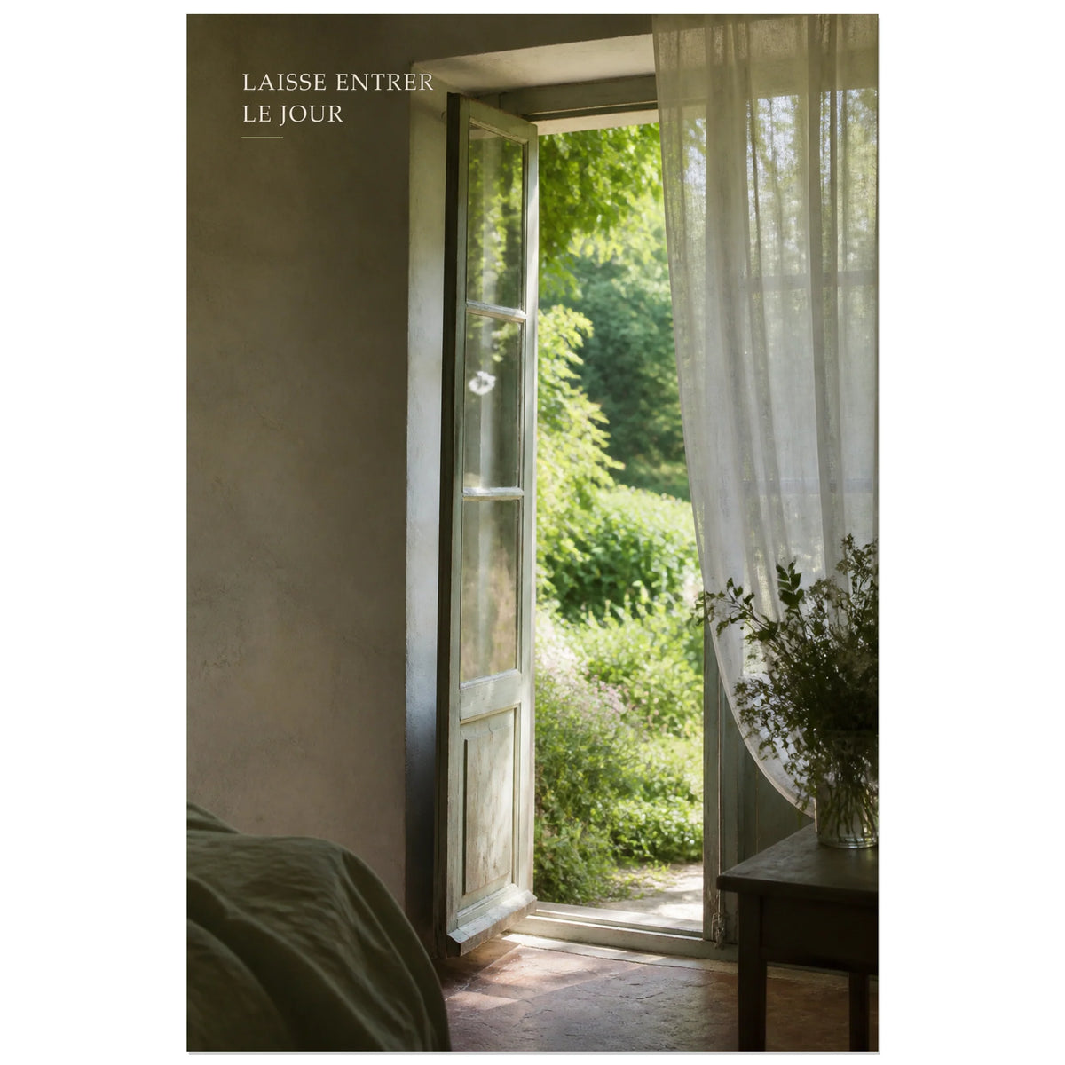 Affiche photo Fenêtre ouverte sur le jardin - Laisse entrer le jour, photographie intérieure poétique en lumière naturelle verticale, format 60 × 90 cm