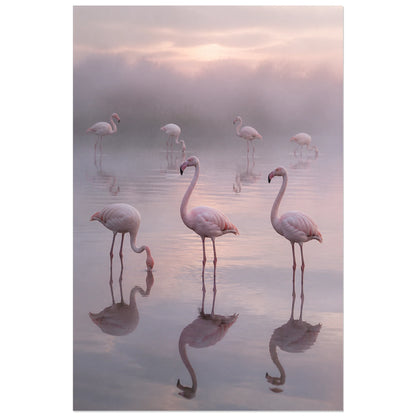 Affiche Flamants dans la brume de la lagune, photographie animalière d’art douce et atmosphérique verticale, format 40 × 60 cm