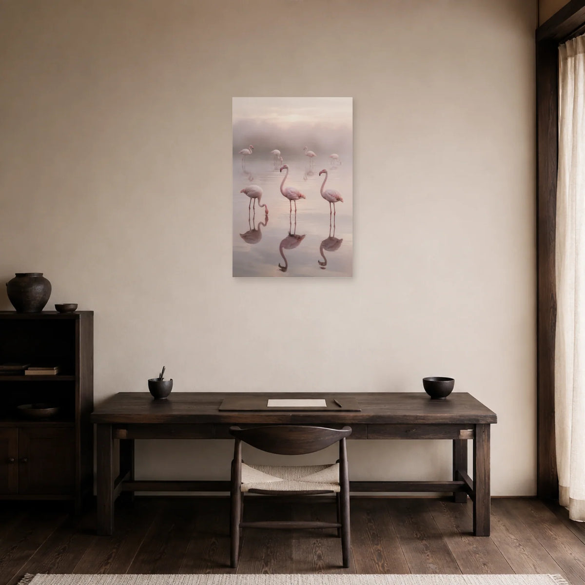 Affiche Flamants dans la brume de la lagune dans un bureau - Art Virtuoso