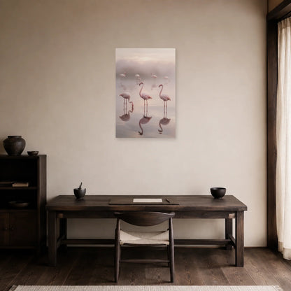 Affiche Flamants dans la brume de la lagune dans un bureau - Art Virtuoso