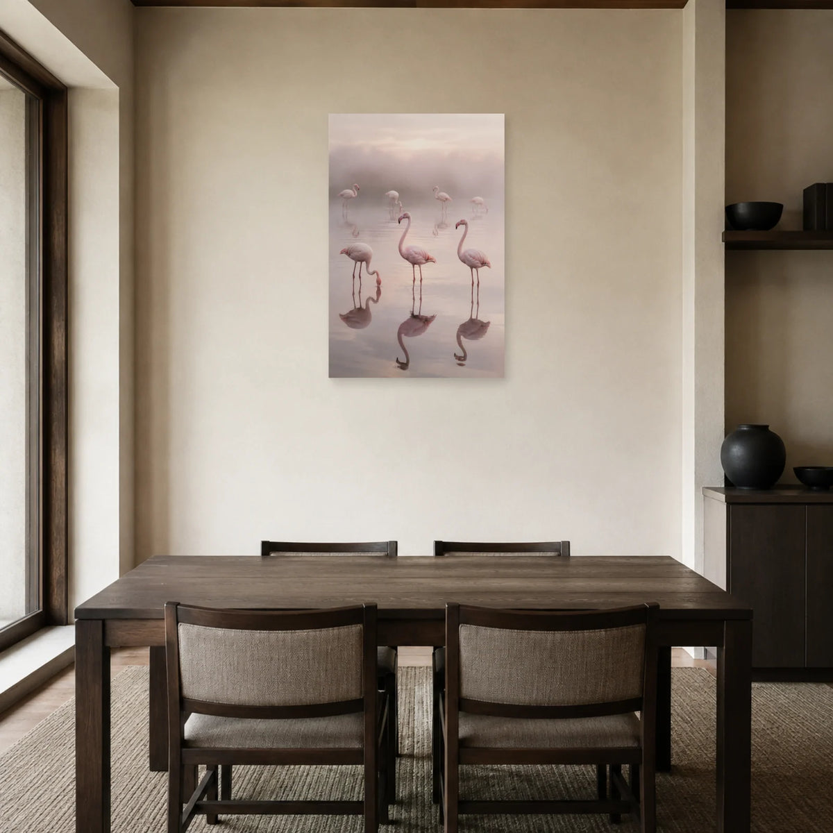 Affiche Flamants dans la brume de la lagune dans une salle à manger - Art Virtuoso