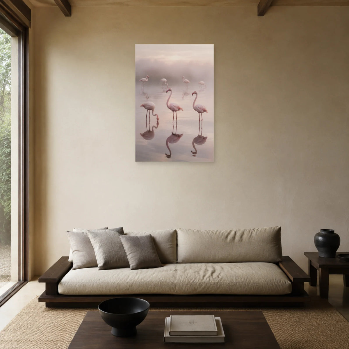 Affiche Flamants dans la brume de la lagune dans un salon - Art Virtuoso