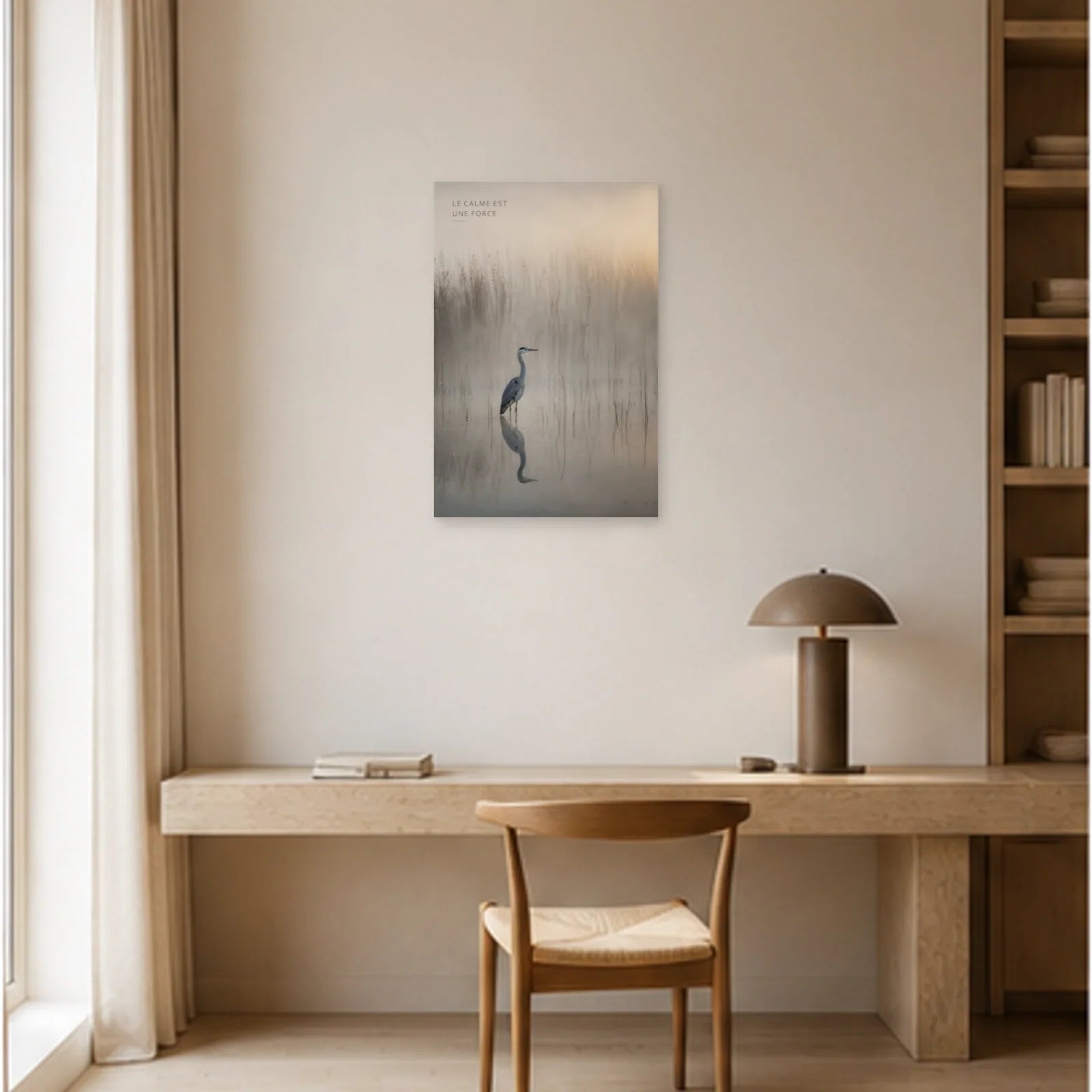 Affiche photo Héron dans la brume - Le calme est une force dans un bureau - Art Virtuoso
