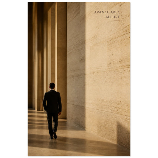 Affiche photo Allure en lumière - Avance avec allure, photographie éditoriale masculine et architecturale verticale, format 30 × 45 cm