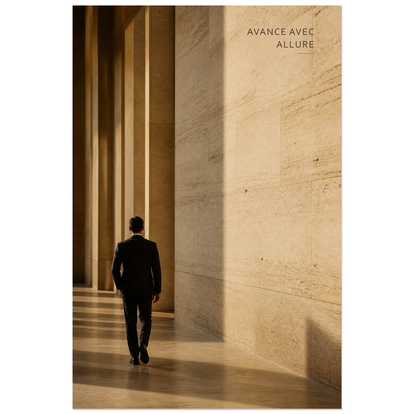 Affiche photo Allure en lumière - Avance avec allure, photographie éditoriale masculine et architecturale verticale, format 40 × 60 cm