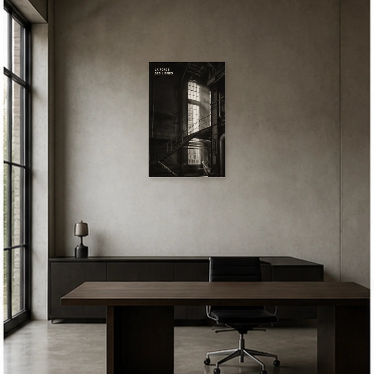 Affiche photo Architecture industrielle en noir et blanc - La force des lignes dans un bureau - Art Virtuoso