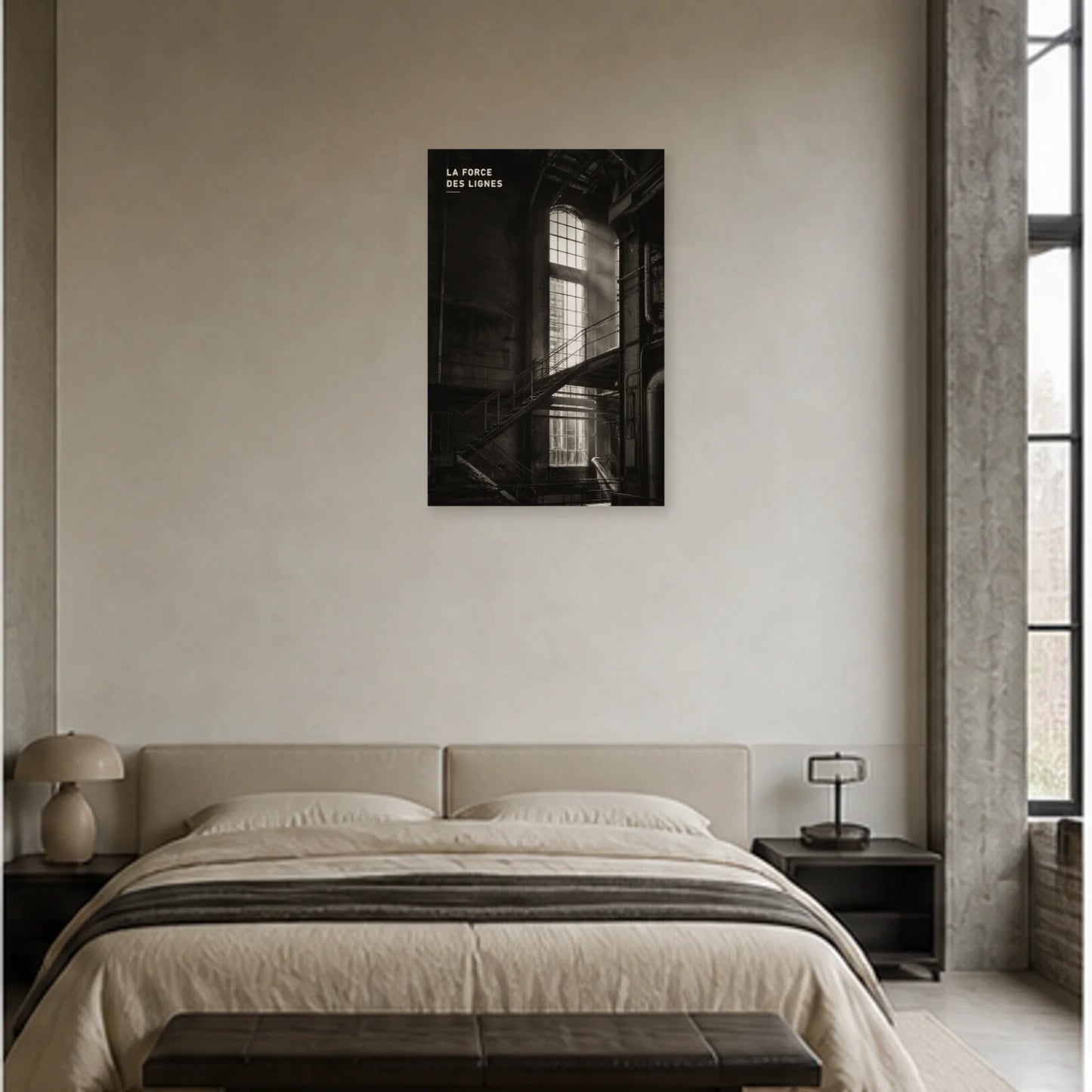 Affiche photo Architecture industrielle en noir et blanc - La force des lignes dans une chambre - Art Virtuoso