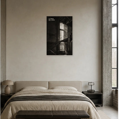Affiche photo Architecture industrielle en noir et blanc - La force des lignes dans une chambre - Art Virtuoso
