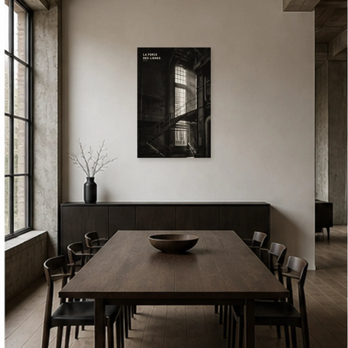 Affiche photo Architecture industrielle en noir et blanc - La force des lignes dans une salle à manger - Art Virtuoso