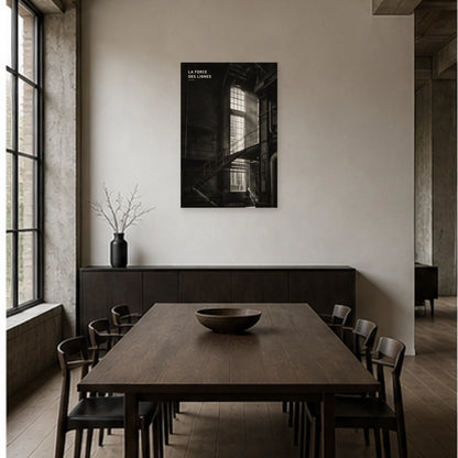Affiche photo Architecture industrielle en noir et blanc - La force des lignes dans une salle à manger - Art Virtuoso