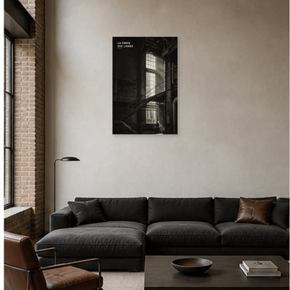 Affiche photo Architecture industrielle en noir et blanc - La force des lignes dans un salon - Art Virtuoso