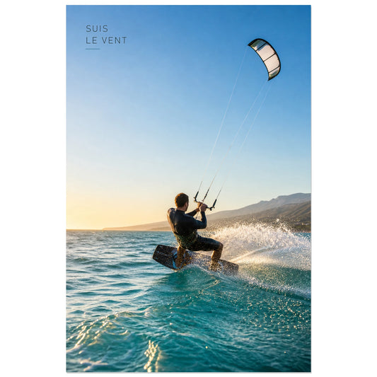 Affiche photo Kitesurf dans le vent - Suis le vent, photographie sportive lumineuse, dynamique et naturelle verticale, format 30 × 45 cm