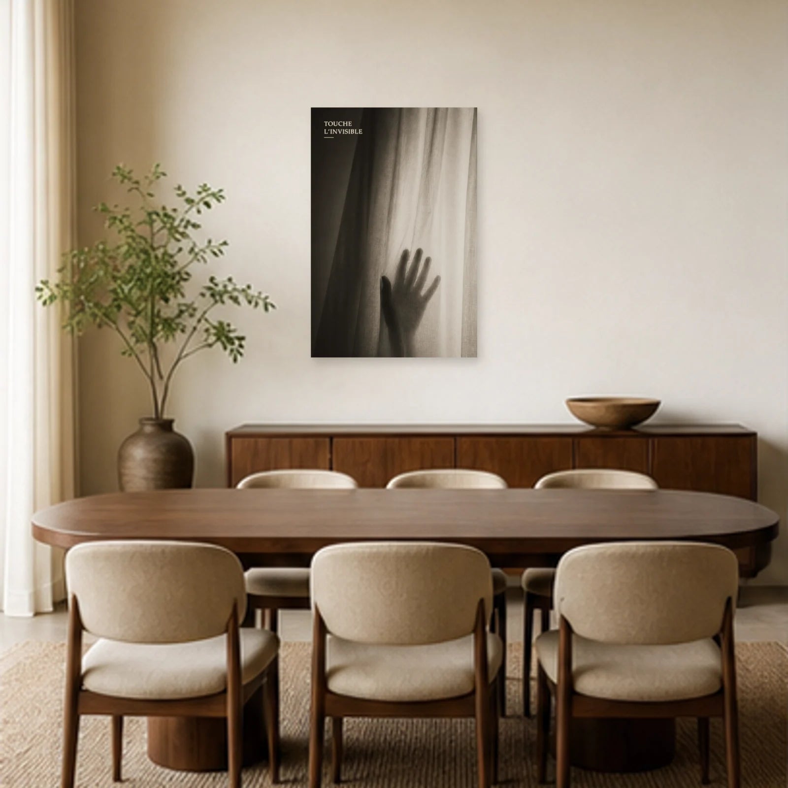 Affiche photo Main derrière le voile - Touche l’invisible dans une salle à manger - Art Virtuoso