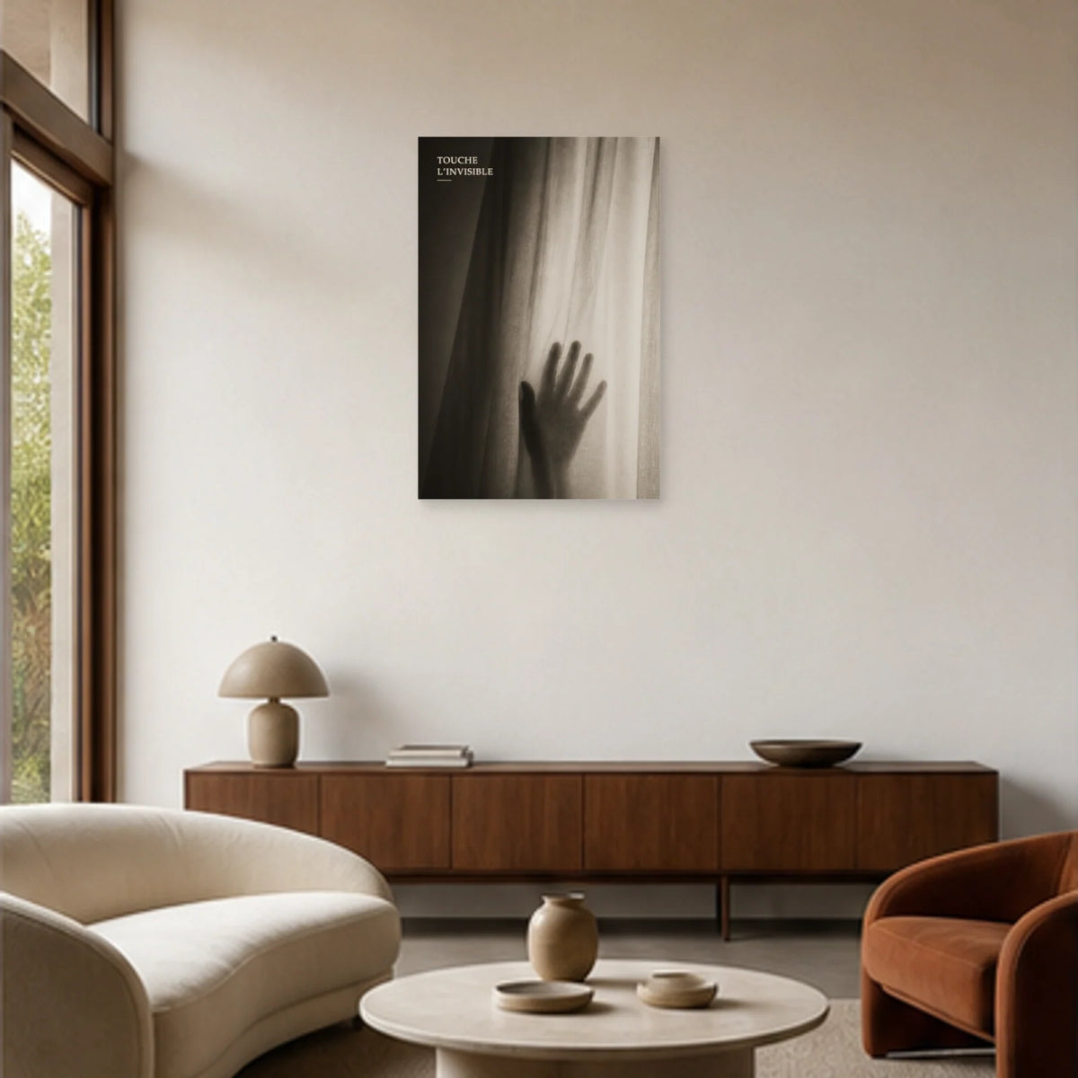 Affiche photo Main derrière le voile - Touche l’invisible dans un salon - Art Virtuoso
