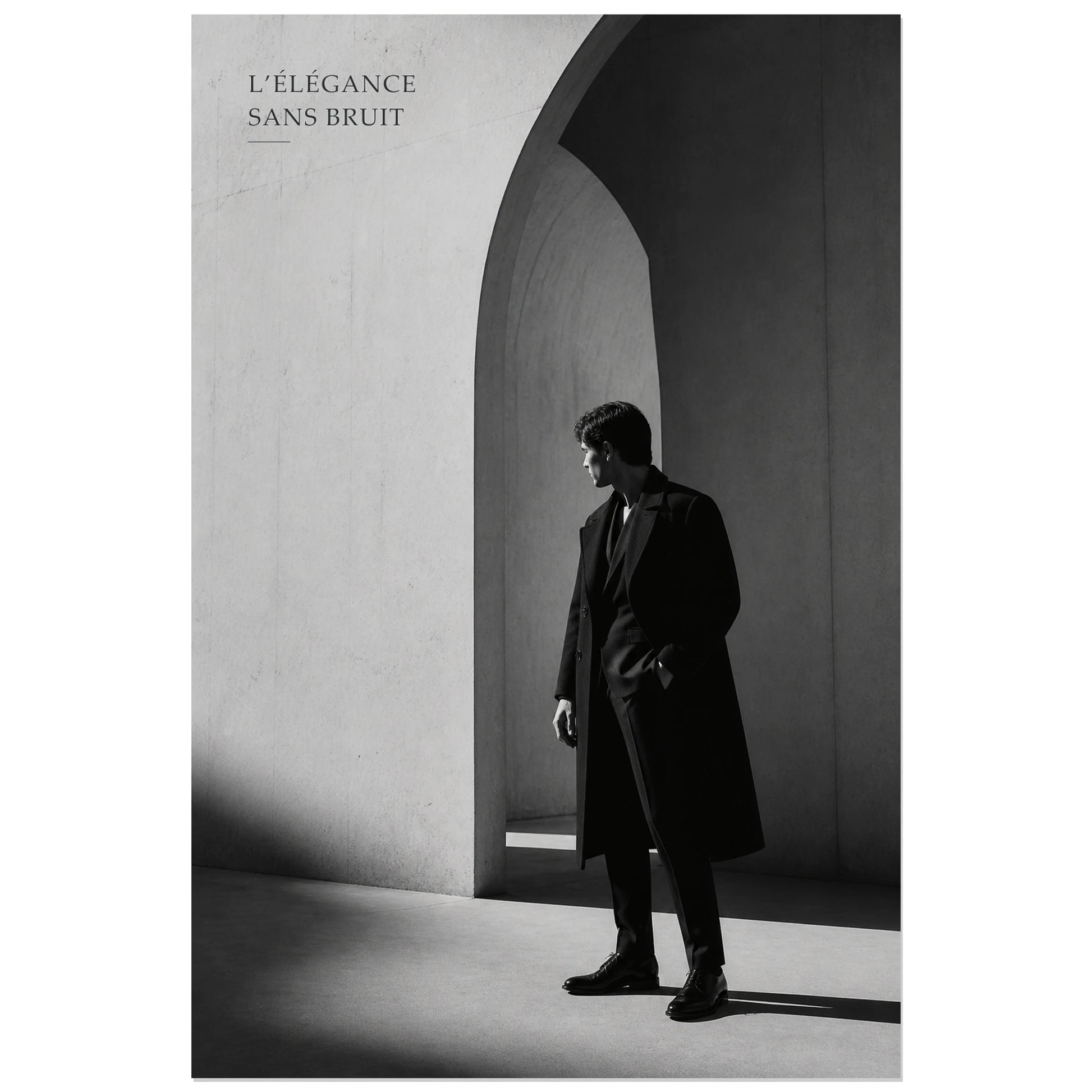 Affiche photo Élégance masculine en noir et blanc - Sans bruit, photographie de mode masculine minimaliste en noir et blanc verticale, format 30 × 45 cm