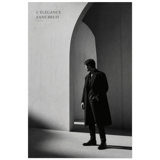 Affiche photo Élégance masculine en noir et blanc - Sans bruit, photographie de mode masculine minimaliste en noir et blanc verticale, format 30 × 45 cm