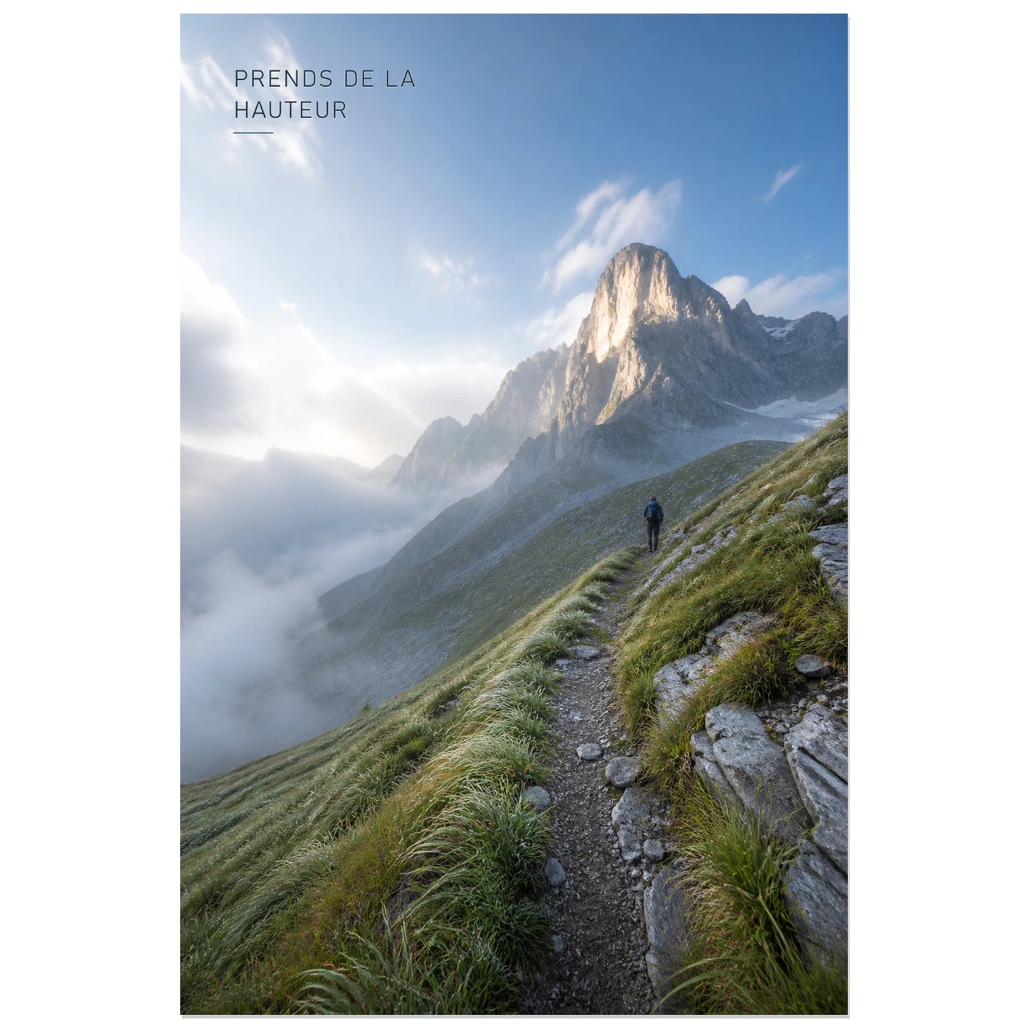 Affiche photo Sentier dans les Alpes - Prends de la hauteur, photographie de paysage alpin immersive, naturelle et détaillée verticale, format 30 × 45 cm